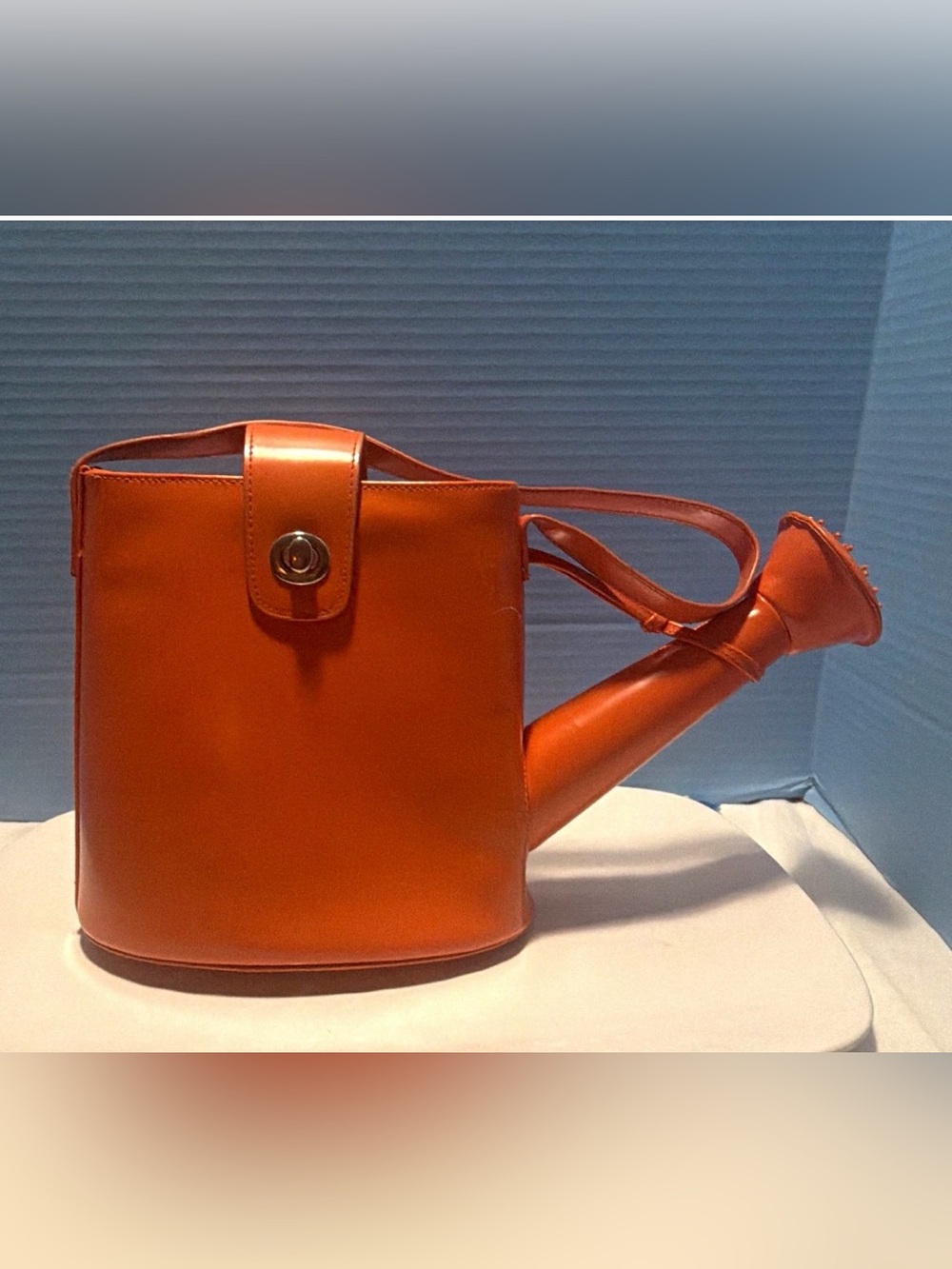 Orange Watering Can Novelty Crossbody Bag Turn Lock Gold Hardware Womens